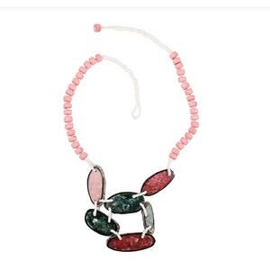 Pink Beaded Shell & Resin Boho Statement Necklace